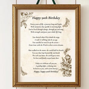 Poema vintage de 90º aniversário, pôster de aniversário, impressão de 90º aniversário, presente para avós, poema personalizado disponível