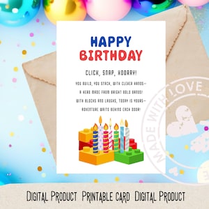Carte d'anniversaire de blocs de construction avec poème, carte d'anniversaire de briques colorées, téléchargement immédiat