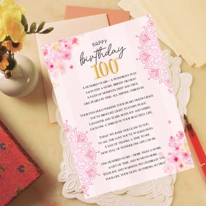 Poème du 100e anniversaire, carte du 100e anniversaire, cadeau d'anniversaire important, anniversaire d'un siècle, téléchargement immédiat