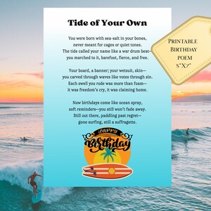 Poesia di compleanno sul surf, biglietto d'auguri per surfisti con vita da spiaggia, download immediato