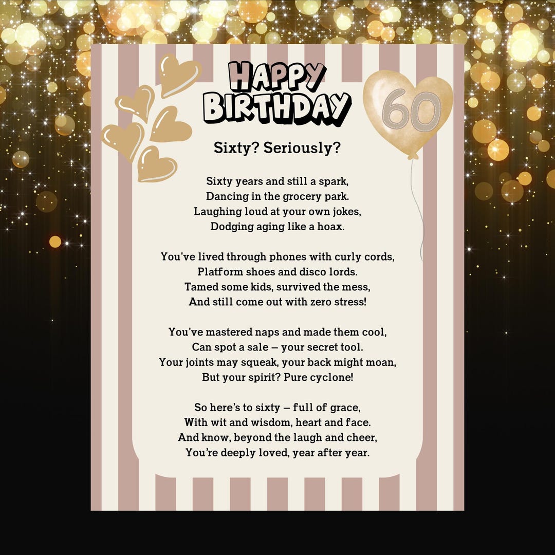 Funny 60th Birthday Poem, 60th Birthday Gift, Milestone Birthday ...