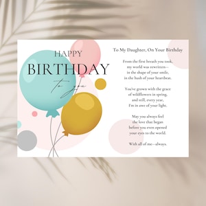 De mãe para filha, poema de aniversário sincero, lindo cartão de aniversário, presente exclusivo para ela, download instantâneo
