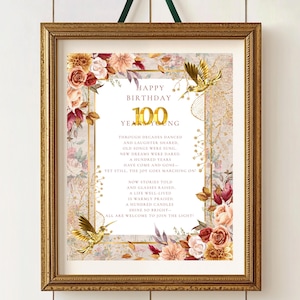 Hermoso poema de cumpleaños número 100, póster de cumpleaños, regalo de cumpleaños número 100, descarga instantánea imprimible
