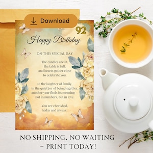 Vintage 92nd Birthday Card, 92nd Birthday Gift , 92nd Birthday , Instant Download