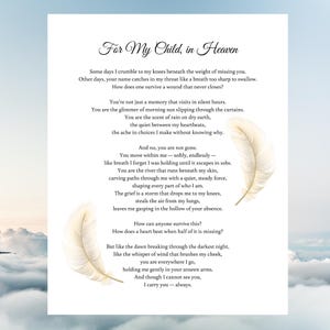 Poema desgarrador por la pérdida de un hijo o una hija. Para mi hijo adulto en el cielo, poema de recuerdo, poema fúnebre, descarga digital.
