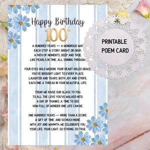 Poème du 100e anniversaire, carte du 100e anniversaire, cadeau d'anniversaire important, une décennie d'anniversaire, téléchargement immédiat