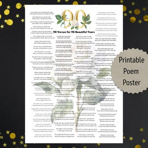90er Geburtstagsgedicht Poster mit 90 herzlichen Versen - weiße Rose im Hintergrund, sofort Download