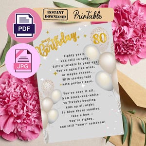 Biglietto di auguri per l'80° compleanno, biglietto di auguri stampabile, poesia per l'80° compleanno, regalo per genitori o nonni, biglietto personalizzato
