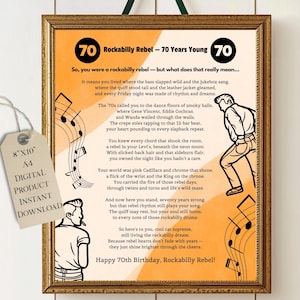 Rockabilly 70er Geburtstagsgeschenk, 70 Jahre Karte, Meilenstein Geburtstagsgedicht, Rockabilly Rebell, Geburtstagsdeko, sofortiger Download