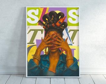 Arte digital para pared: Chica negra audaz, retrato afrocéntrico con rulos y uñas, impresión de la cultura de la belleza glamurosa del gueto.