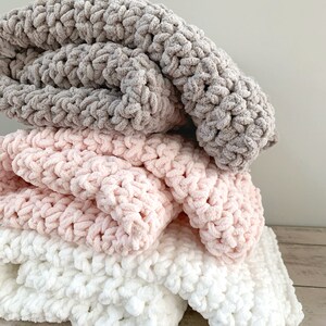 Plush Baby Blanket | READY TO SHIP | Handmade | Squishy | Super Soft | Chunky Knit | Gender Neutral | Blush White Gray