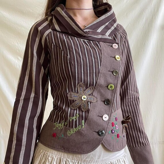 Rare Brown Mori Artisan Patchwork Striped Jacket … - image 2