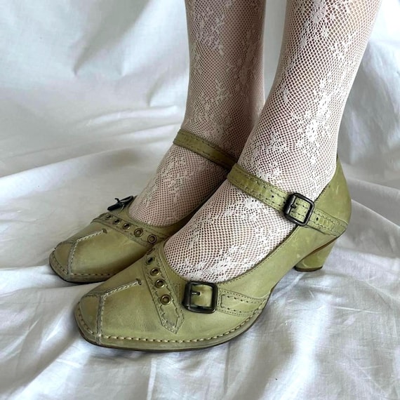 Tiggers Sage Green Leather Heels EU38  |  Vintage Buckle Detail Mary Jane Shoes