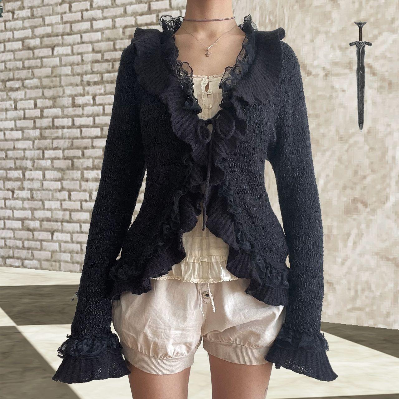 Rosebud Black Gothic Cinched Cardigan: Ruffle Lace Trim, Tie-front
