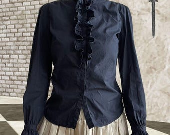 Gant Navy Ruffle Blouse featuring Long Puff Sleeves, High Neck - XS