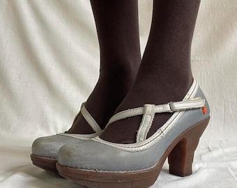 ART Blue Brown Leather Heels  | Vintage Chunky Heel Mary Janes | EU38