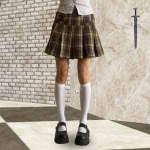 Brown Plaid Pleated Mini Skirt with cute pockets