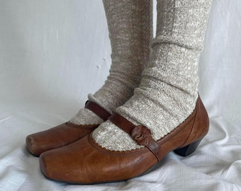 Brown Mary Jane Ballet Shoes | Vintage Leather Square Toe Short Heels with elastic flower strap - EU37.5