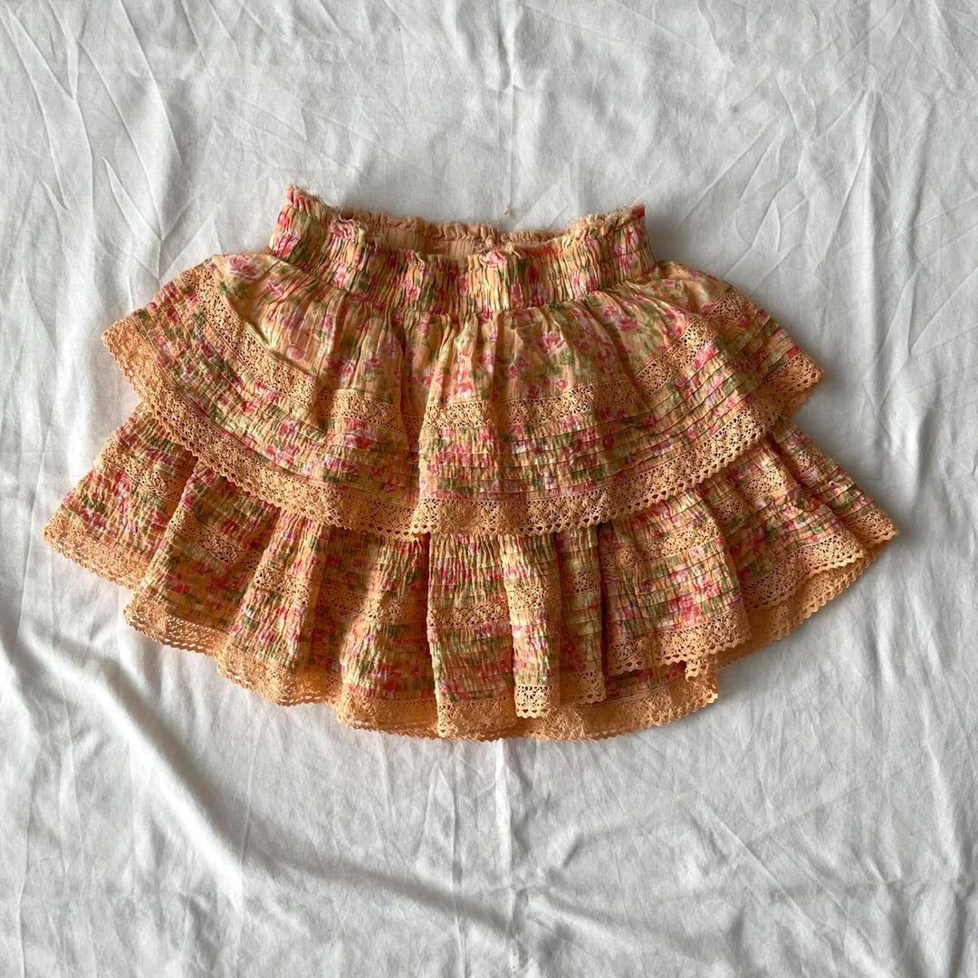 Subtle Ruffle Apricot Ruffled Voluminous Rara Mini Skirt With Subtle Pink and Green ...