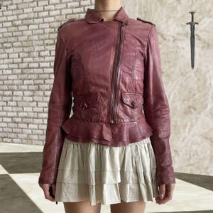 Pink Steampunk Asymmetrical Leather Jacket: ruffled hem, diagonal zipper - S