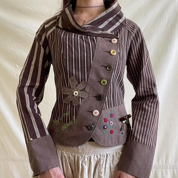 Rare Brown Mori Artisan Patchwork Striped Jacket … - image 6