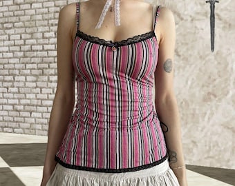 Pink Vive Maria Cami Top with black lace, vertical stripes, pendant - L