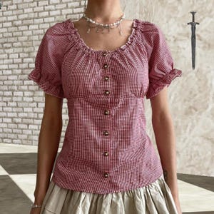 Red & White Gingham Button Up Fitted Blouse featuring puffy short sleeves a round neck