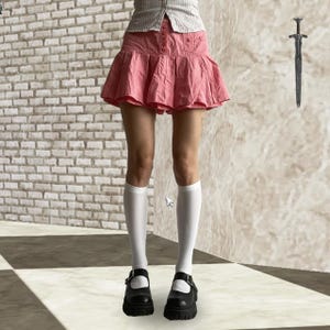 Coral Pink Voluminous Pleated Ruffled Mini Skirt with buttons