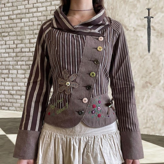 Rare Brown Mori Artisan Patchwork Striped Jacket … - image 1