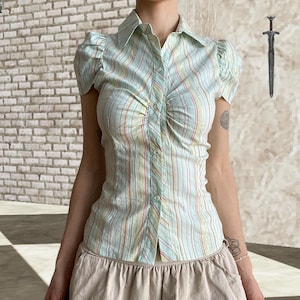 Pale Pastel Pinstripe Stretchy Button Up Fitted Blouse with ruched sleeves / Short Sleeve Fitted Shirt in blue, yellow and red