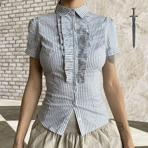 White & Grey Pinstripe Button Up Fitted Blouse with pleats and button down high neck