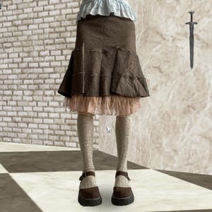 Brown and Salmon Pink Layered Ruffled Midi Skirt with lace