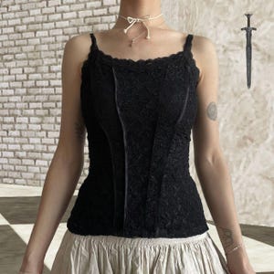 Black Gothic Lace Camisole – Structural Lace Overlay Corset Style Top - M