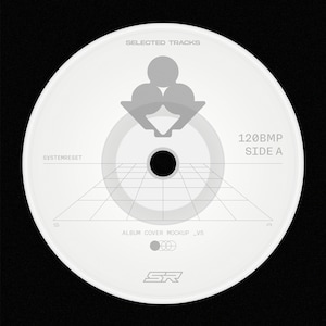 May include: A white album cover mockup with the text "SELECTED TRACKS" at the top. The design includes a geometric grid, a central graphic, and the text "120BMP SIDE A". The bottom of the cover reads "ALBUM COVER MOCKUP _V5" and "SR".