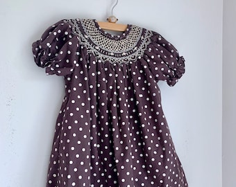 Vintage girls dress polka dot smocked brown and cream Rosalina 2t