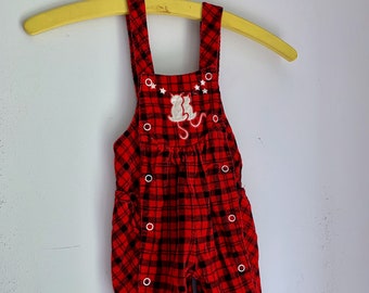 Vintage plaid overalls cat appliqué 9 to 12 months red and black