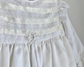 Vintage girls dress fancy white lace ruffles 2t satin Berenize made in mexico