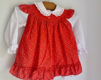 Vintage red calico apron dress with eyelet details 24 months