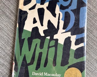 May include: A hardcover book titled Black and White by David Macaulay. The cover features a bold, abstract graphic design in black, white, blue, and green. A circular gold-colored award seal is affixed to the bottom right corner of the front cover.
