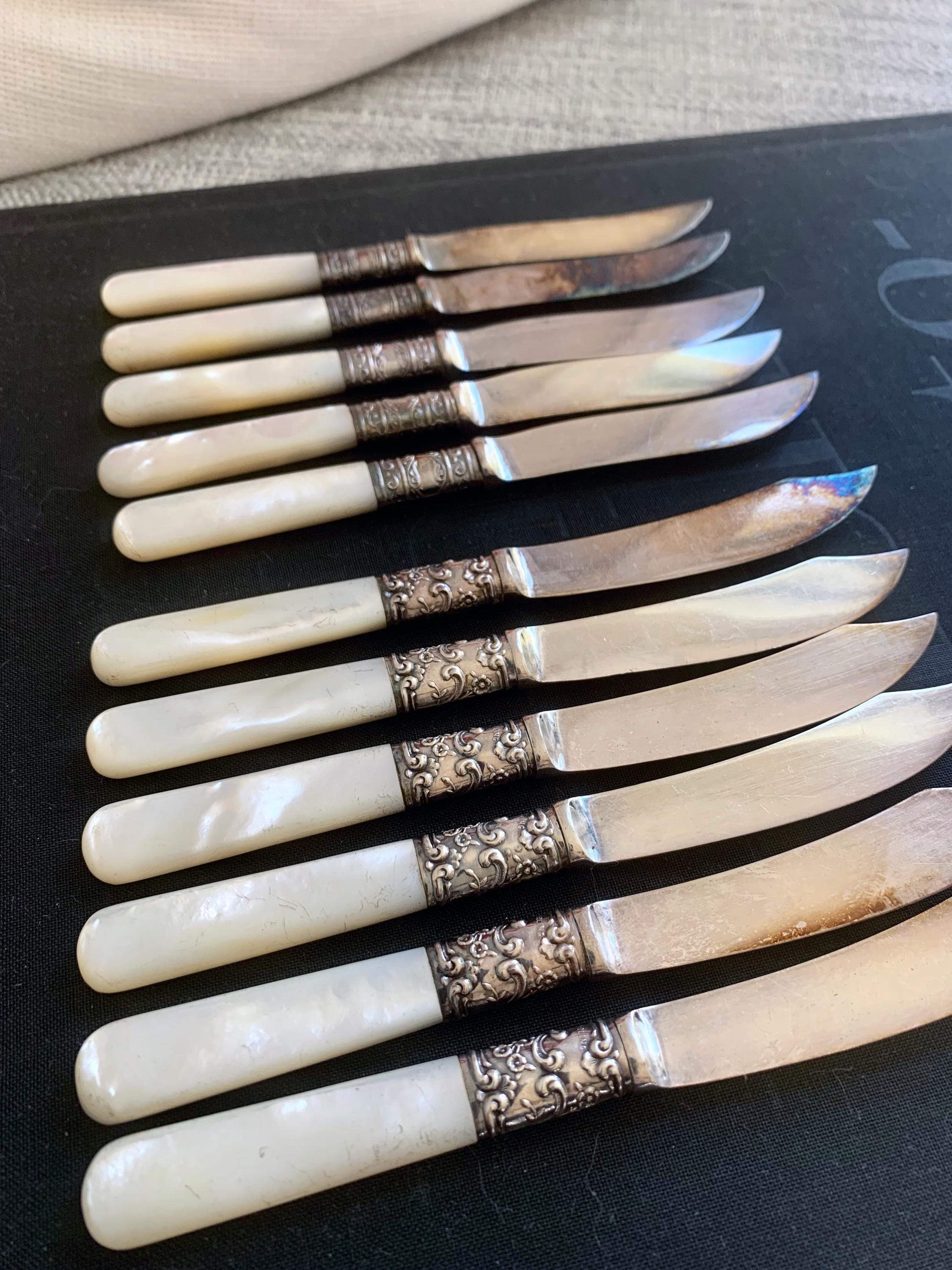 Antique Fruit Knives Mother of Pearl Handles 2 Sets Meriden Silver