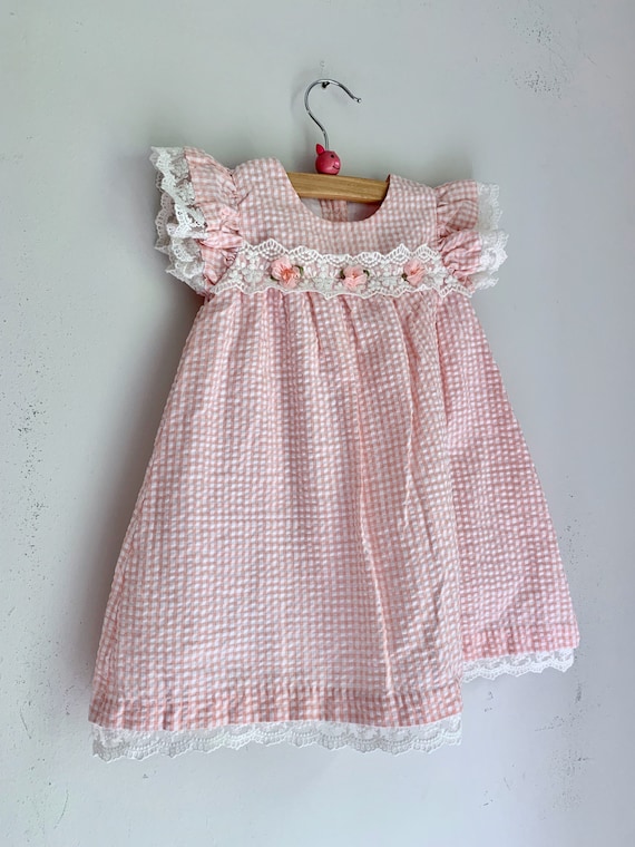 Vintage Bonnie Baby girls dress peach gingham 18 m