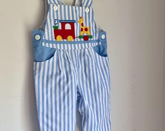 Vintage baby boy overalls 3 to 6 months blue striped zoo train