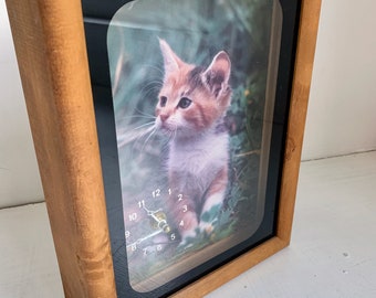 Vintage clock kitten picture wooden frame shadow box