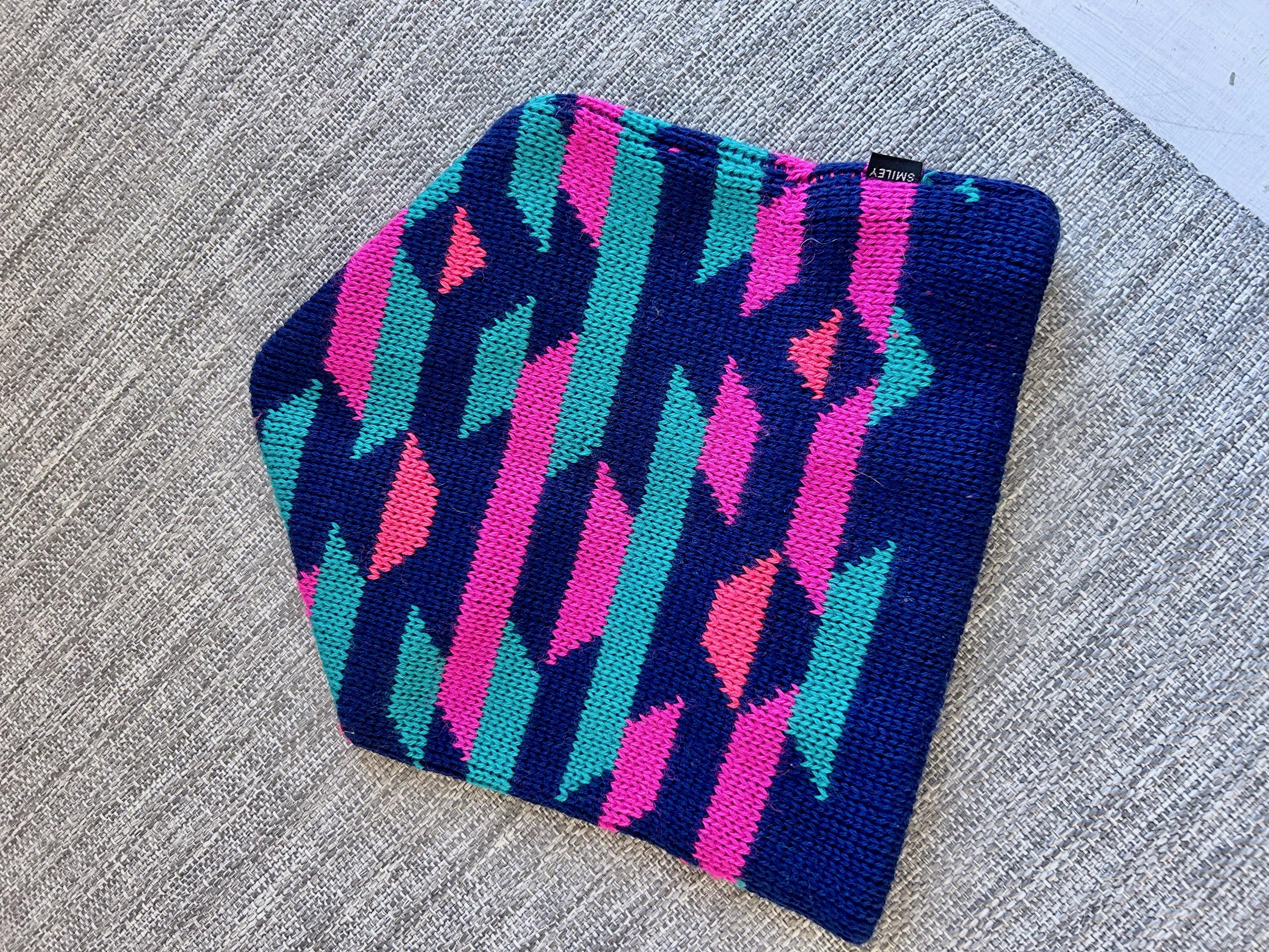 Vintage Wool Smiley Ski Hat Pink Green and Purple Sparks  display picture 1