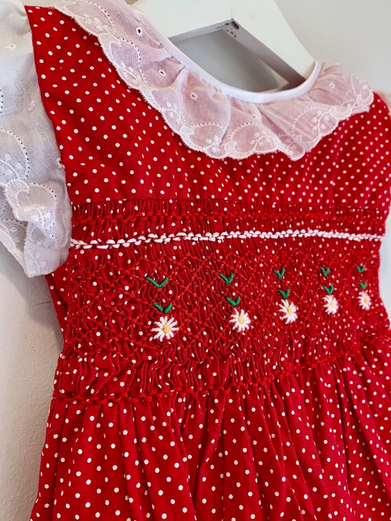 Vintage red polka dot smocked girls dress 3t - image 3