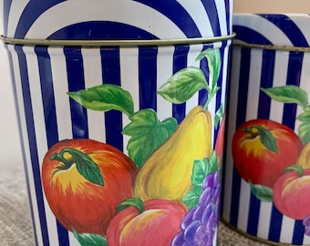 Vintage tins striped blue with fruit set of two nesting with lids