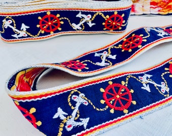 Vintage embroidered trim nautical anchors and ship wheels red white and blue 19 feet