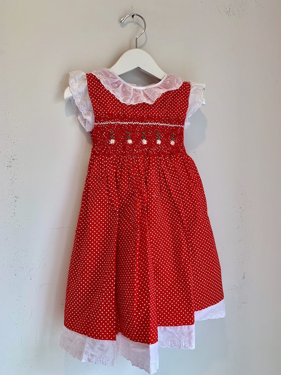 Vintage red polka dot smocked girls dress 3t - image 1