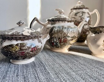 Johnson Brothers Serving Pieces Friendly Village Tea Pot Coffee Pot creamer and sugar bowl salt and pepper butter dish Made in England