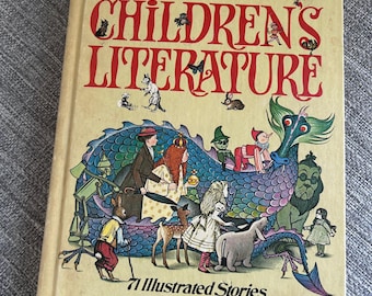 May include: A vintage hardcover book titled "The Golden Treasury of Children's Literature." The cover is beige with red and green text and illustrations of various storybook characters. The book contains 71 illustrated stories.